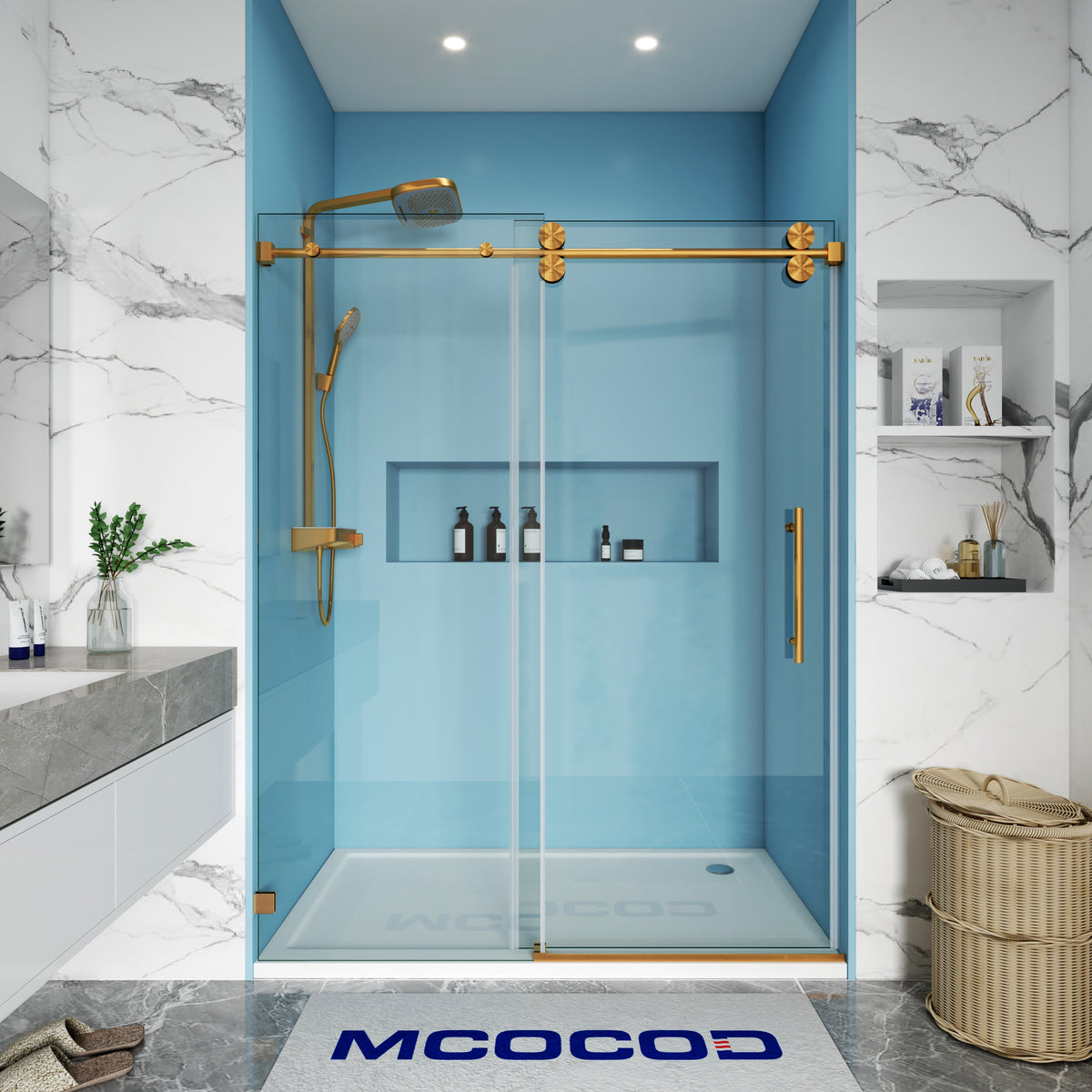 MCOCOD SS04 Single Sliding Frameless Shower Door with Round Guide Rail in Brushed Gold