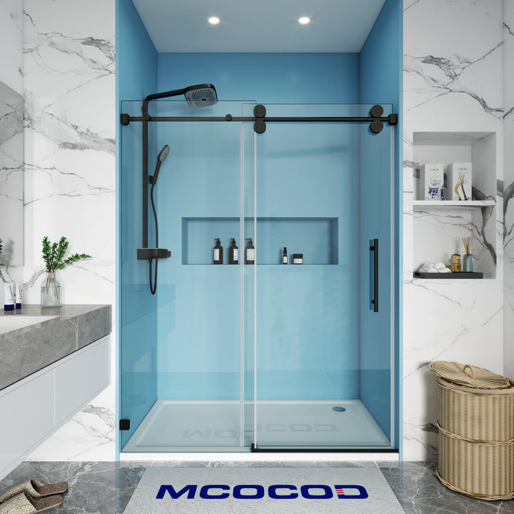 MCOCOD SS04 Single Sliding Frameless Shower Door with Round Guide Rail in Matte Black