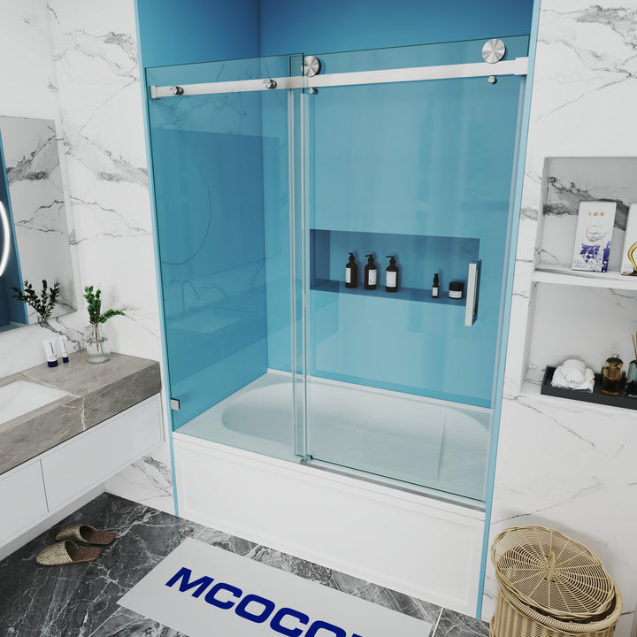 MCOCOD SS05 Bathtub Shower Doors - 60"W × 66"H Single Sliding Frameless Bathtub Shower Door with Stainless Steel Handle Bar in Brushed Nickel