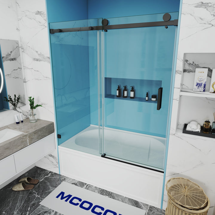 MCOCOD SS05 Bathtub Shower Doors - 60"W × 66"H Single Sliding Frameless Bathtub Shower Door with Stainless Steel Handle Bar in Matte Black