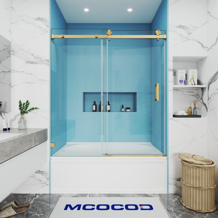 MCOCOD SS05 Bathtub Shower Doors - Single Sliding Frameless Bathtub Shower Door with Square Guide Rail in Brushed Gold