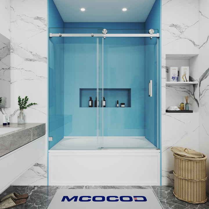 MCOCOD SS05 Bathtub Shower Doors - Single Sliding Frameless Bathtub Shower Door with Square Guide Rail in Brushed Nickel