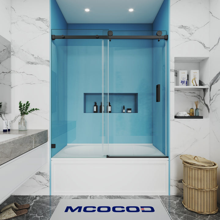 MCOCOD SS05 Bathtub Shower Doors - Single Sliding Frameless Bathtub Shower Door with Square Guide Rail in Matte Black