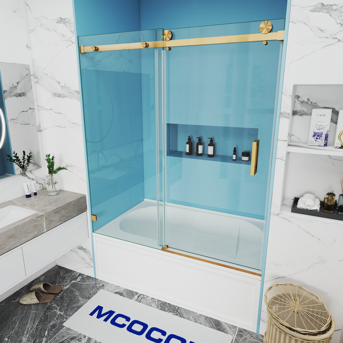 MCOCOD SS05 Bathtub Shower Doors - Single Sliding Frameless Bathtub Shower Door with Stainless Steel Handle Bar in Brushed Gold