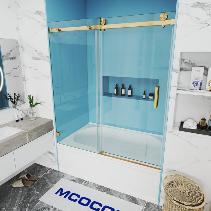 MCOCOD SS05 Bathtub Shower Doors - Single Sliding Frameless Bathtub Shower Door with Stainless Steel Handle Bar in Brushed Gold