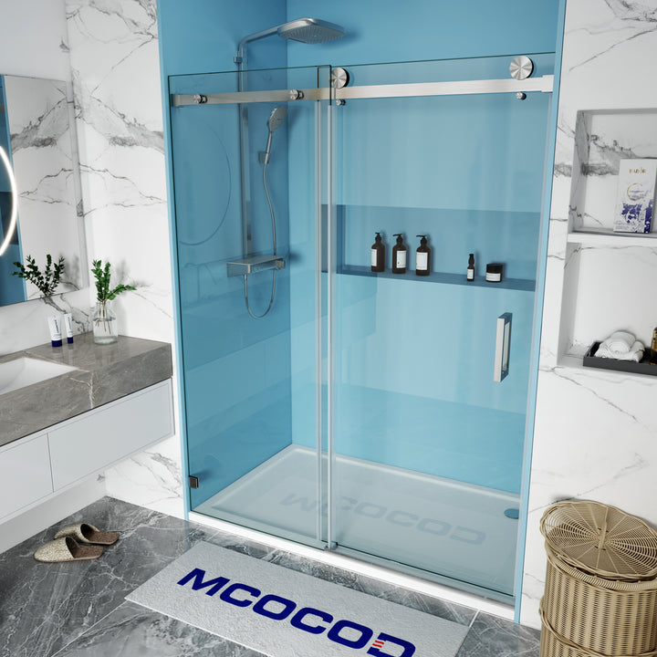 MCOCOD SS05 Single Sliding Frameless Shower Door with Square Guide Rail in Brushed Nickel