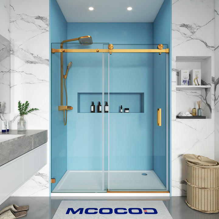 MCOCOD SS05 Single Sliding Frameless Shower Door with Square Guide Rail in Brushed Gold