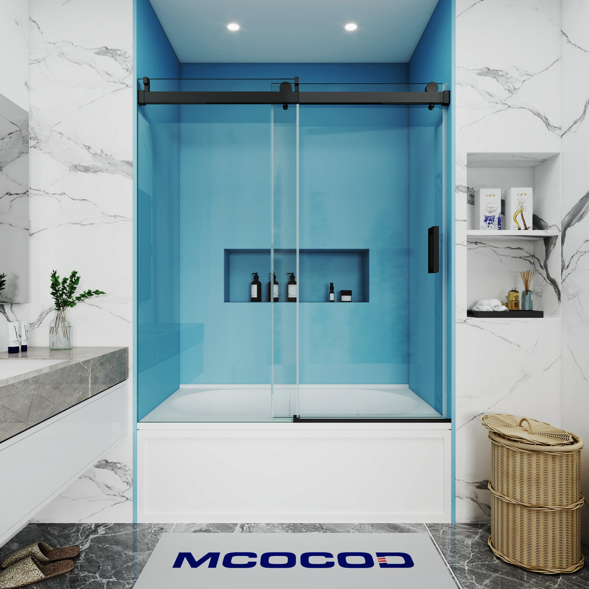 MCOCOD SS08 Bathtub Shower Doors - Soft-Closing Single Sliding Bathtub Shower Door in Matte Black