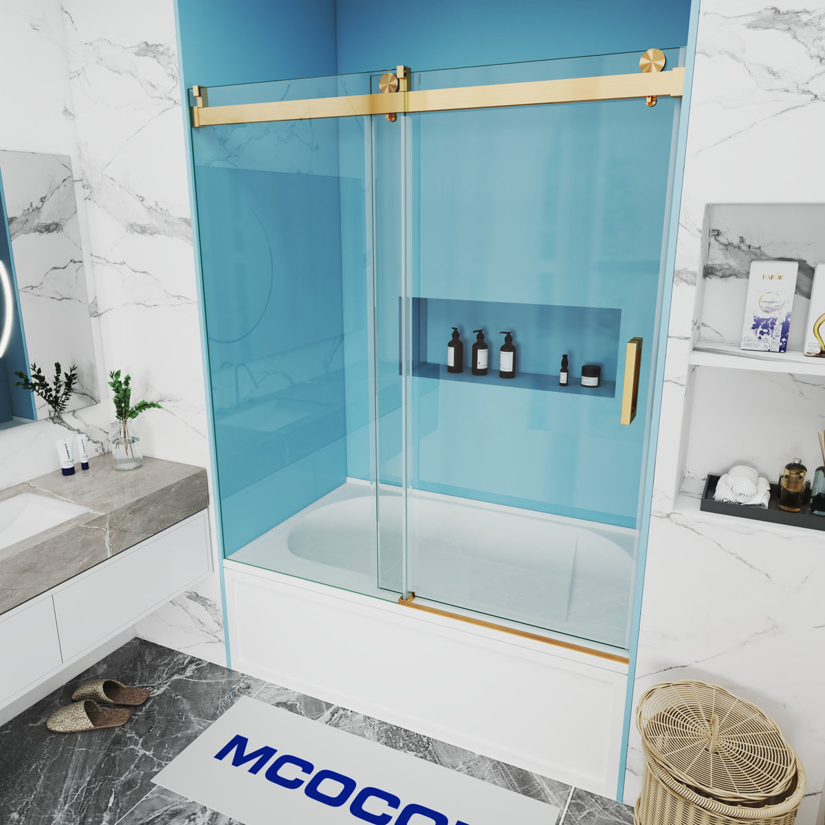 MCOCOD SS08 Bathtub Shower Doors - Soft-Closing Single Sliding Bathtub Shower Door with Stainless Steel Brushed Gold Handle, Extra Strong Top Rail Rollers