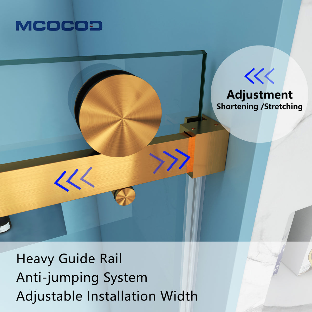MCOCOD SS08 Bathtub Shower Doors - Soft-Closing Single Sliding Frameless Bathtub Shower Door with 304 Stainless Steel Brushed Gold Guide Rail Anti-jumping System