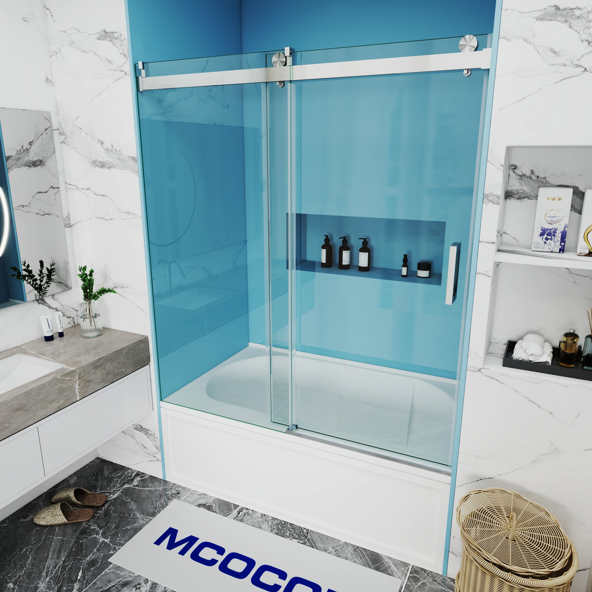 MCOCOD SS08 Bathtub Shower Doors - Soft-Closing Single Sliding Frameless Bathtub Shower Door with Stainless Steel Brushed Nickel Handle and Top Rail Rollers