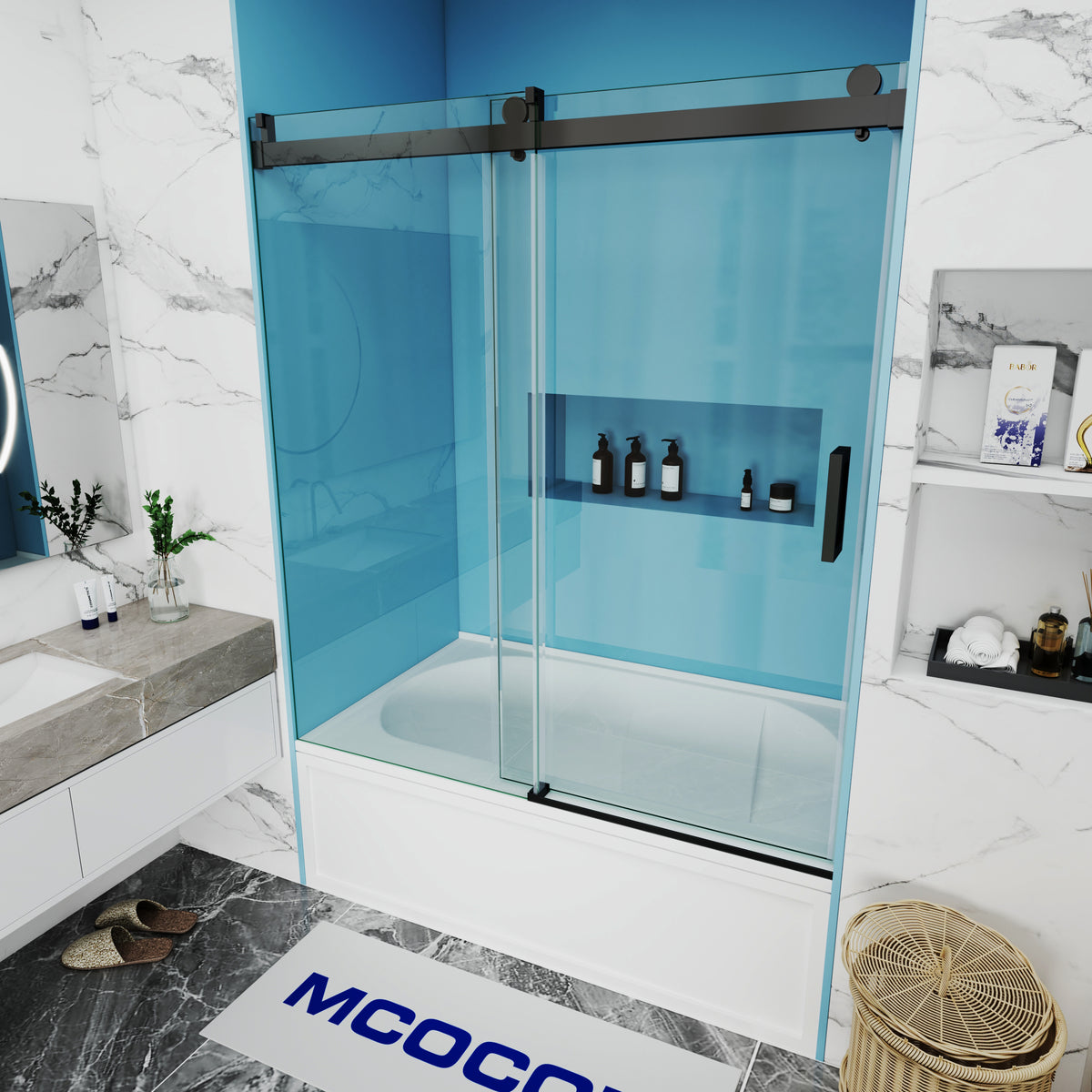 MCOCOD SS08 Bathtub Shower Doors - Soft-Closing Single Sliding Frameless Bathtub Shower Door with Stainless Steel Matte Black Handle and Top Rail Rollers