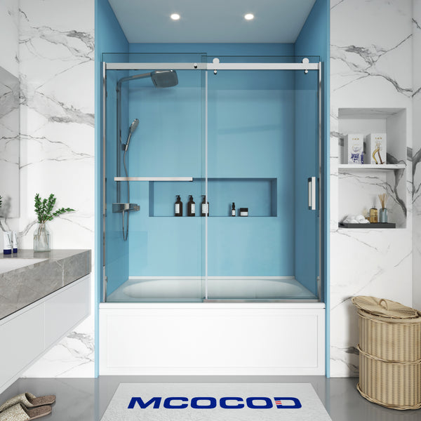 MCOCOD SS13S Bathtub Shower Doors - 60"W × 66"H Single Sliding Semi Frameless Bathtub Shower Door in Chrome