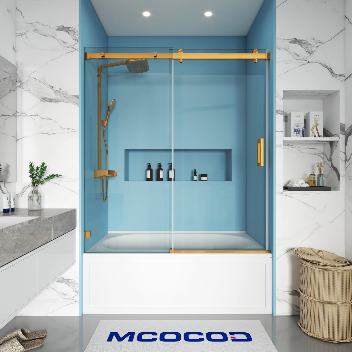 MCOCOD SS13 Bathtub Shower Doors - Soft-Closing Single Sliding Frameless Bathtub Shower Door in Brushed Gold