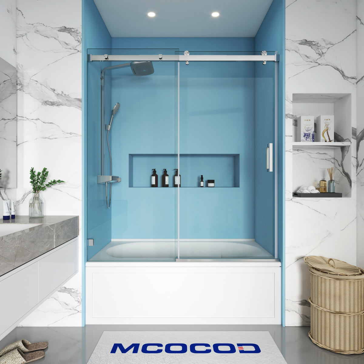 MCOCOD SS13 Bathtub Shower Doors - Soft-Closing Single Sliding Frameless Bathtub Shower Door in Brushed Nickel