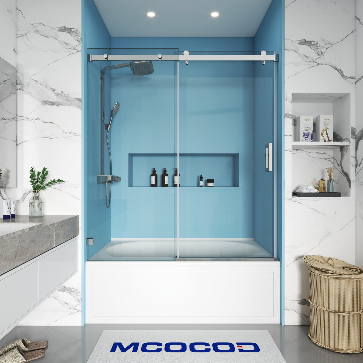 MCOCOD SS13 Bathtub Shower Doors - Soft-Closing Single Sliding Frameless Bathtub Shower Door in Chrome