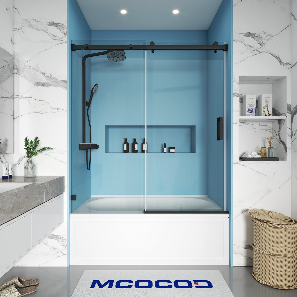 MCOCOD SS13 Bathtub Shower Doors - Soft-Closing Single Sliding Frameless Bathtub Shower Door in Matte Black