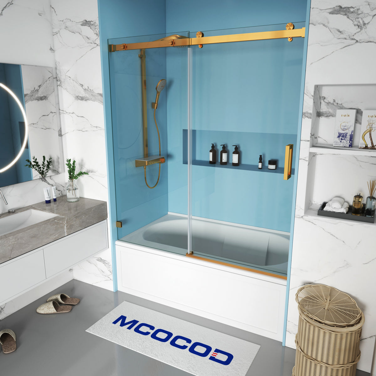 MCOCOD SS13 Bathtub Shower Doors - Soft-Closing Single Sliding Frameless Bathtub Shower Door with Stainless Steel Handle Bar in Brushed Gold