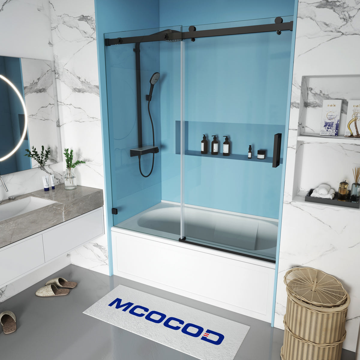 MCOCOD SS13 Bathtub Shower Doors - Soft-Closing Single Sliding Frameless Bathtub Shower Door with Stainless Steel Handle Bar in Matte Black