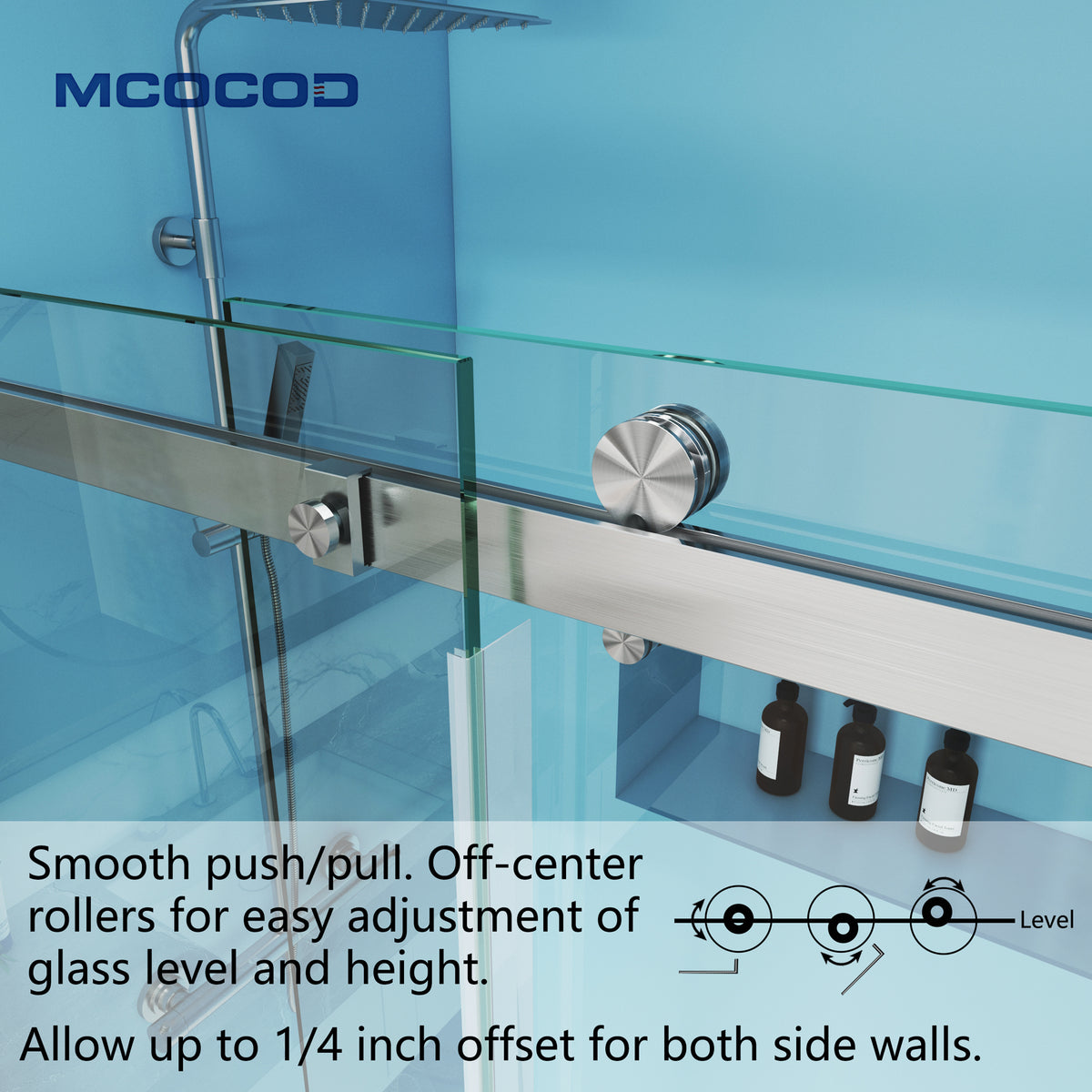 MCOCOD SS13 Bathtub Shower Doors - Soft-Closing Single Sliding Frameless Bathtub Shower Door with Stainless Steel Rollers and Push Pull Smoothly