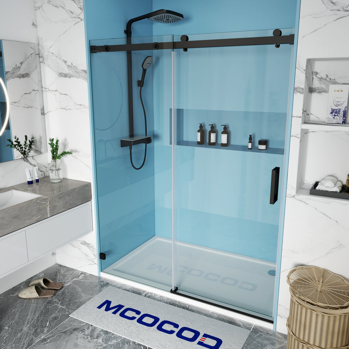 MCOCOD SS13 Soft-Closing Frameless Single Sliding Shower Door Matte Black