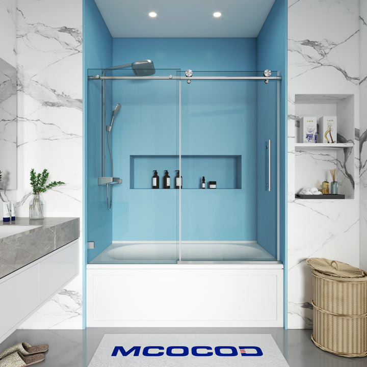MCOCOD SS14 Bathtub Shower Doors - Soft-Closing Single Sliding Bathtub Shower Door with Round Guide Rail in Brushed Nickel
