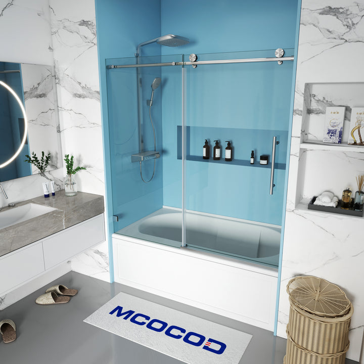 MCOCOD SS14 Bathtub Shower Doors - Soft-Closing Single Sliding Bathtub Shower Door with Round Guide Rail in Brushed Nickel 60"W × 60"H and 60"W × 66"H