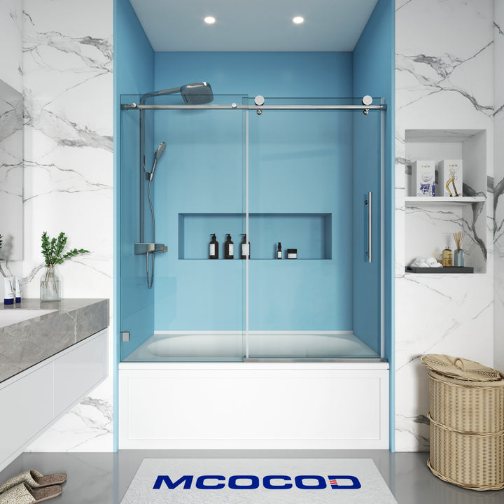 MCOCOD SS14 Bathtub Shower Doors - Soft-Closing Single Sliding Bathtub Shower Door with Round Guide Rail in Chrome