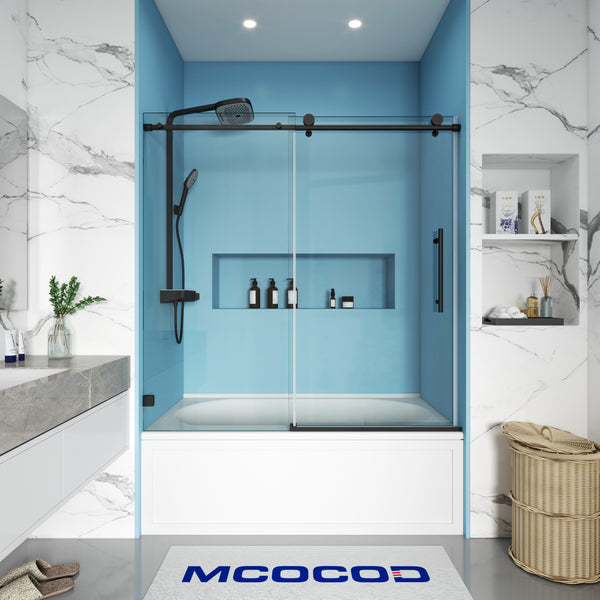 MCOCOD SS14 Bathtub Shower Doors - Soft-Closing Single Sliding Bathtub Shower Door with Round Guide Rail in Matte Black