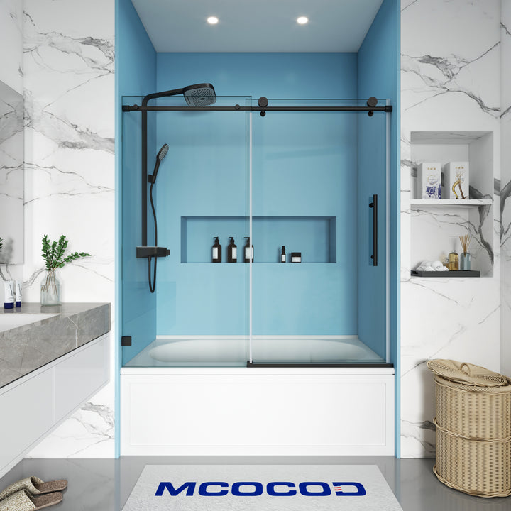 MCOCOD SS14 Bathtub Shower Doors - Soft-Closing Single Sliding Bathtub Shower Door with Round Guide Rail in Matte Black