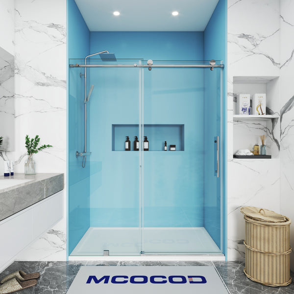 MCOCOD SS14 Soft-Closing Single Sliding Frameless Shower Door with Round Guide Rail in Brushed Nickel