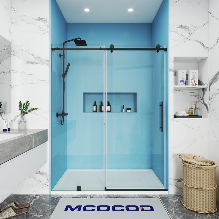 MCOCOD SS14 Soft-Closing Single Sliding Frameless Shower Door with Round Guide Rail in Matte Black