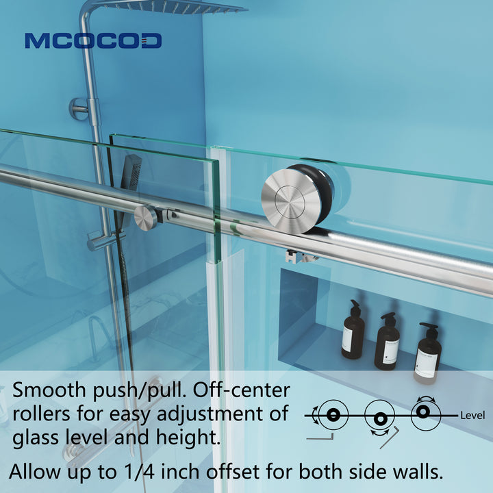 MCOCOD SS14 Soft-Closing Single Sliding Frameless Shower Door with Stainless Steel Smooth Push Pull