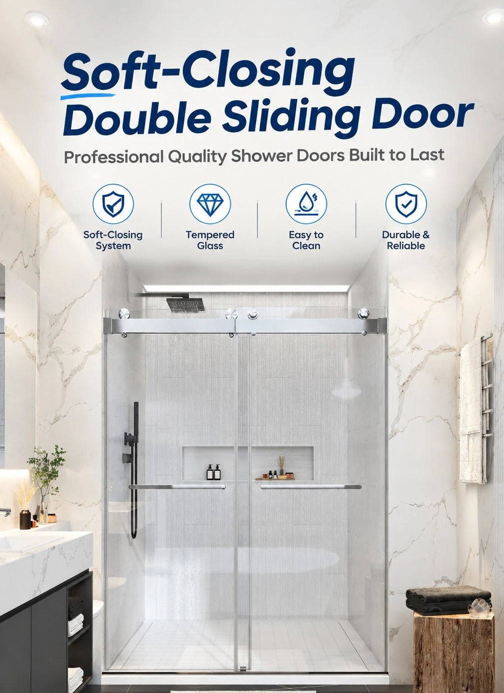 A frameless double sliding shower door with tempered glass panels installed in a modern bathroom with white marble walls and dark tiled flooring. The image includes marketing text at the top highlighting soft-closing and double sliding features.