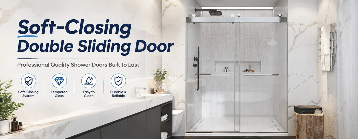 A modern bathroom scene featuring a double sliding glass shower door with a white frame, set in a marble-tiled shower alcove. Large text on the left reads 'Soft-Closing Double Sliding Door' with feature icons below.