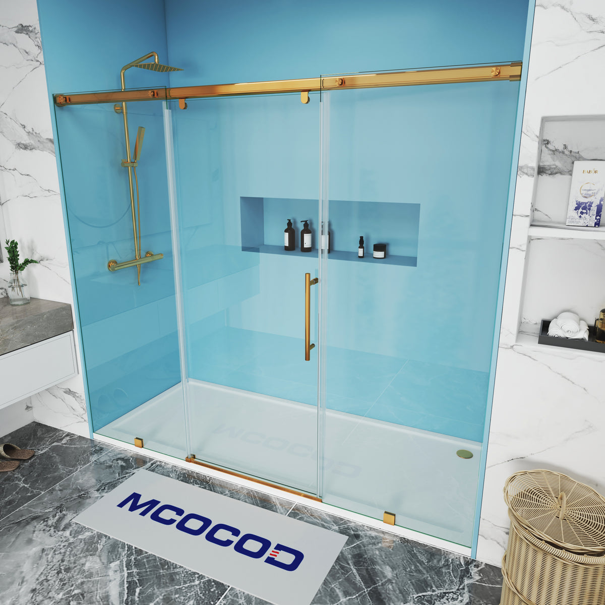 MCOCOD Soft-Closing Single Sliding Frameless Shower Doors with Brushed Gold SS12-3 _ Custom Any Sizes