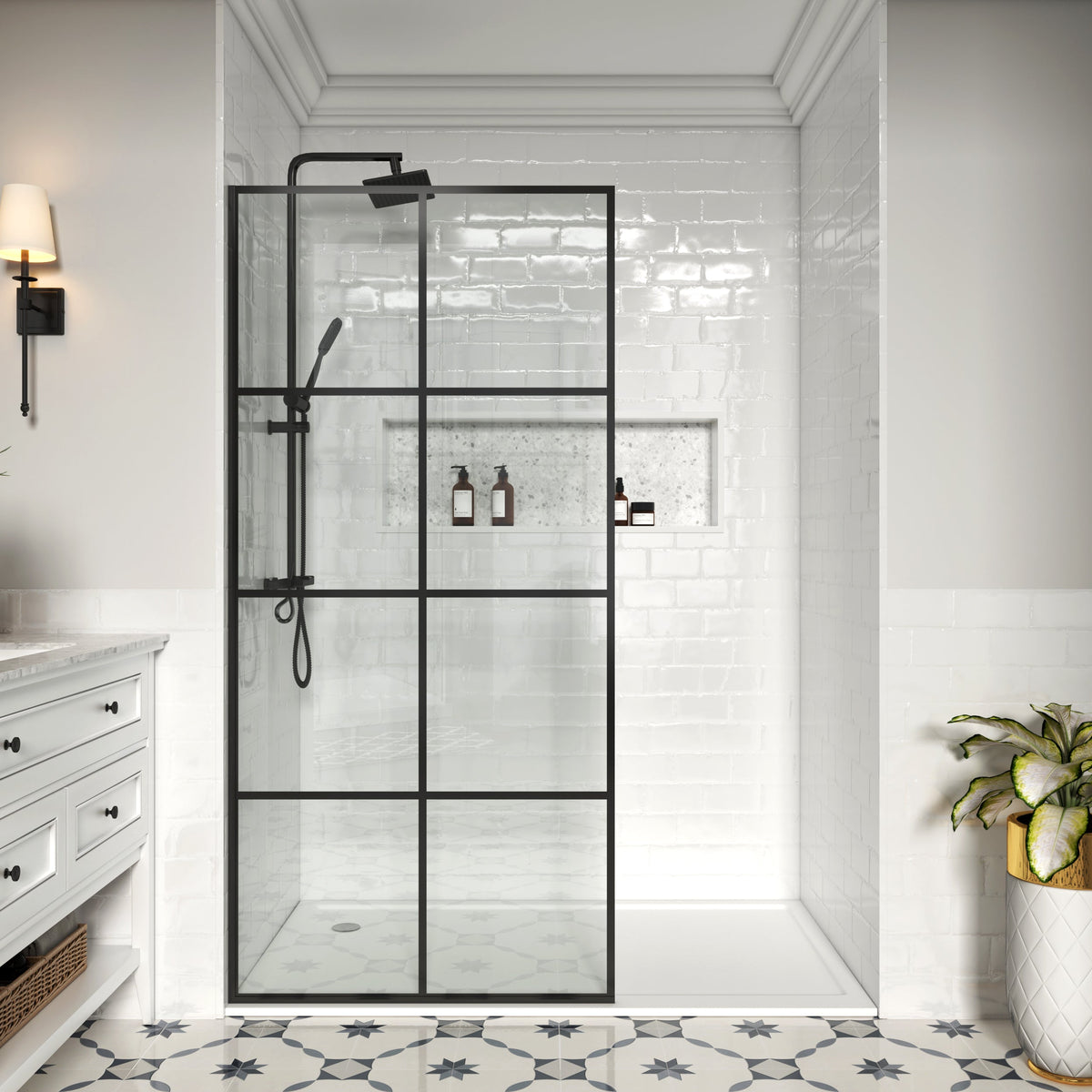MCOCOD W01C French Fixed Screen Shower Door in Matte Black with Grid Glass