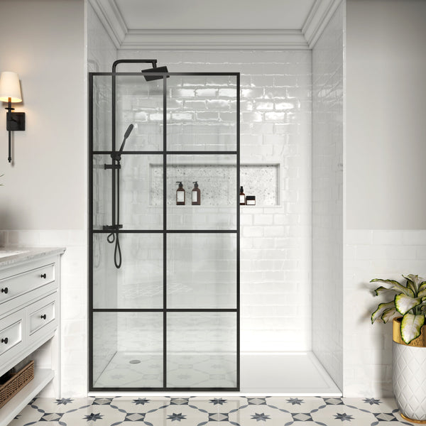 MCOCOD W01C French Fixed Screen Shower Door in Matte Black with Grid Glass