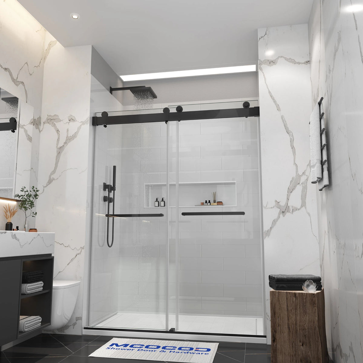 MCOCOD® DS13 Double Sliding Frameless Shower Door with Optional Soft-Close & Two Towel Bars