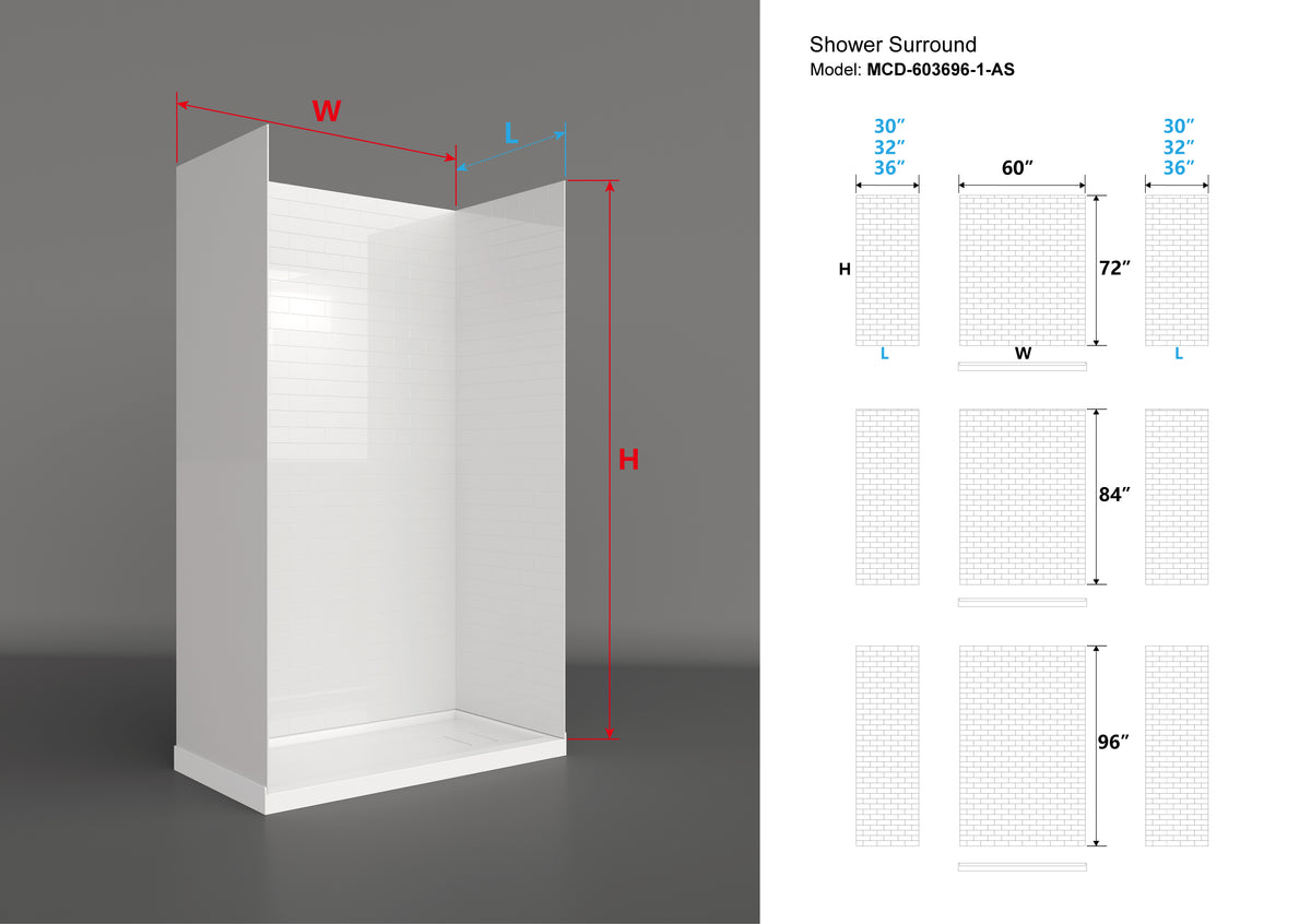 MCOCOD® Three Piece Glue Up Subway Tile Shower Surrounds in White Acrylic Solid Surface
