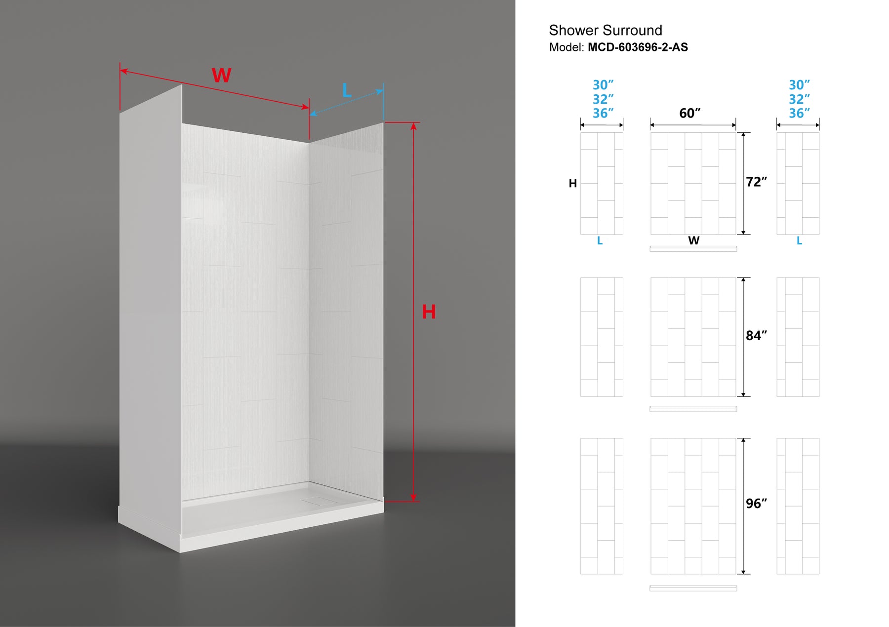 MCOCOD® Three Piece Glue Up Shower Surrounds Vertical Big Rectangle in White Acrylic Solid Surface