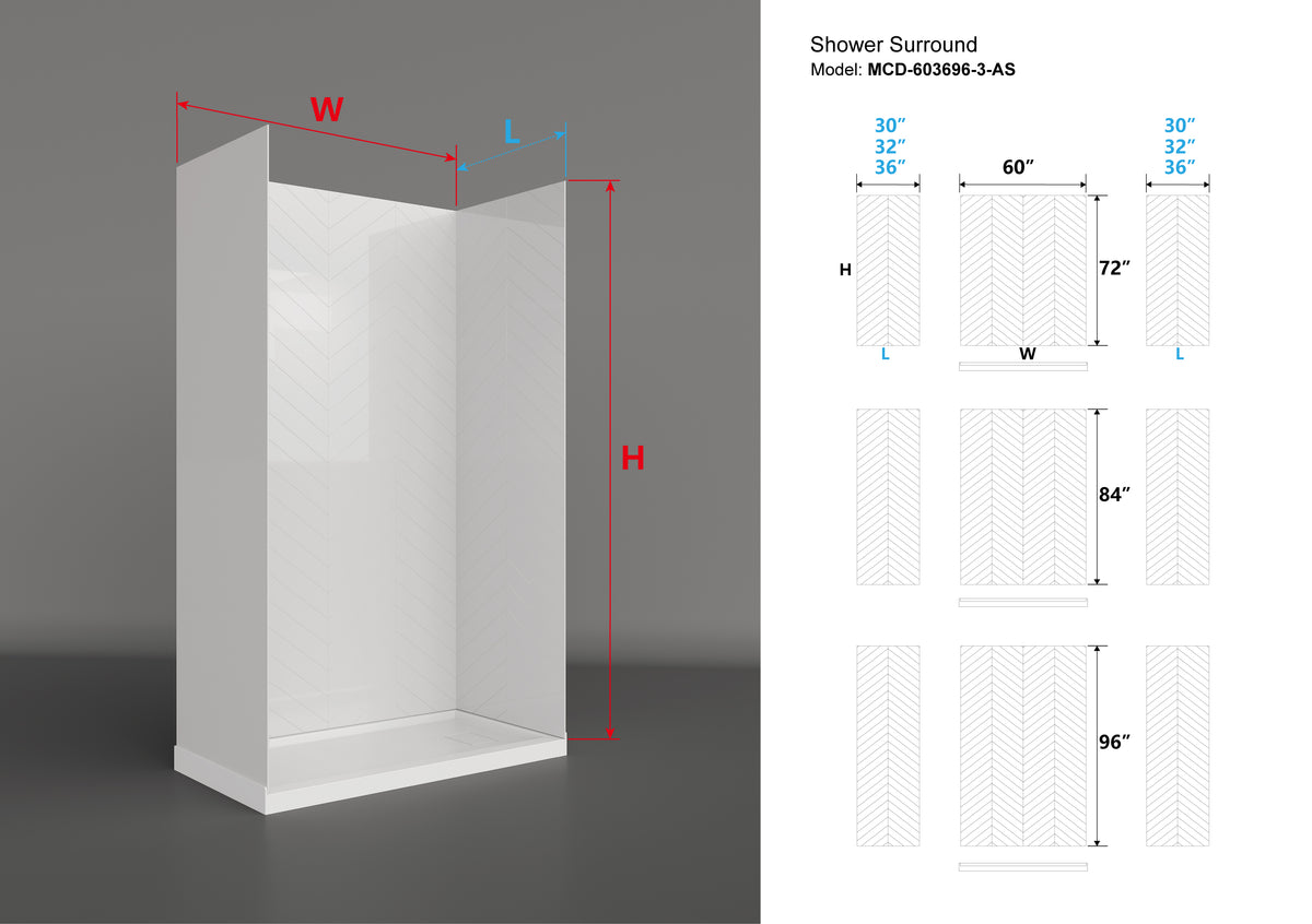 MCOCOD® Three Piece Glue Up Herringbone Tile Shower Wall Panels Surround in Bright White