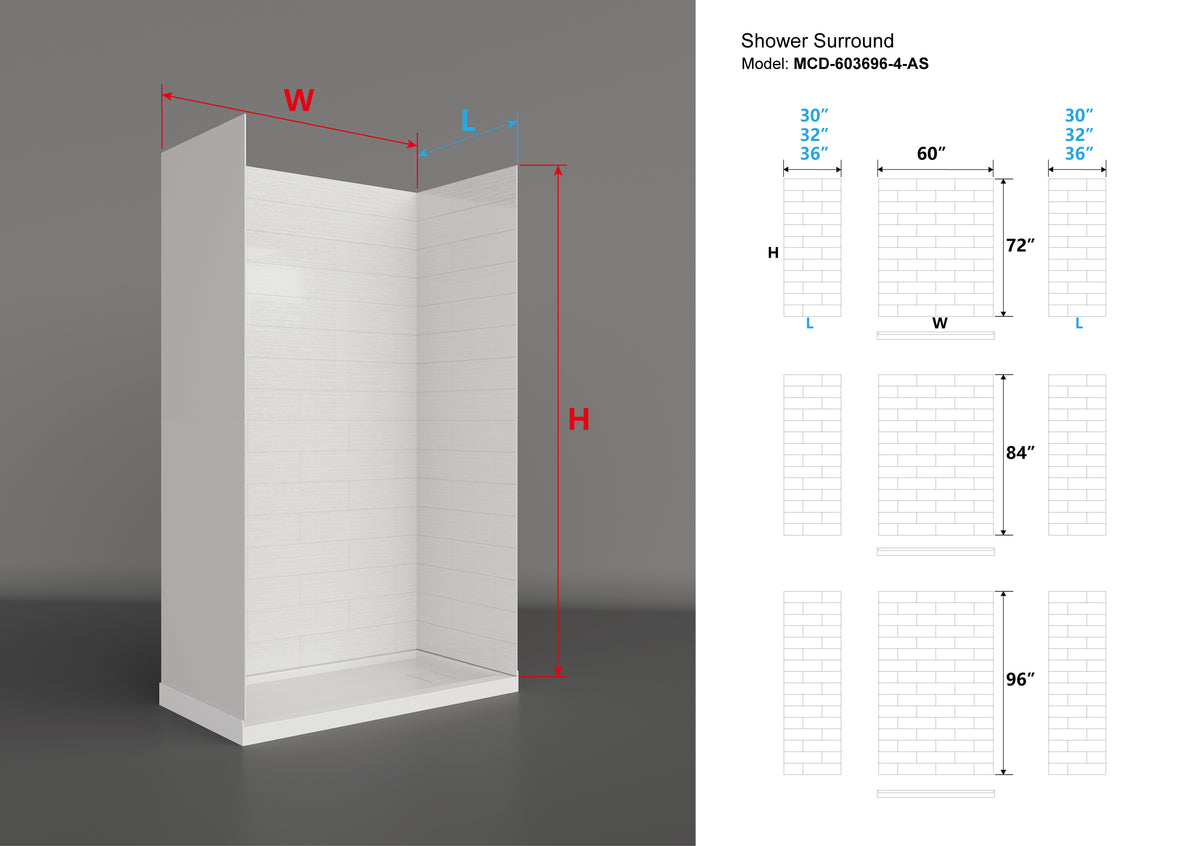 MCOCOD® Three Piece Glue Up Shower Surrounds Horizontal Big Rectangle in Matte White with Brushed Fine Texture