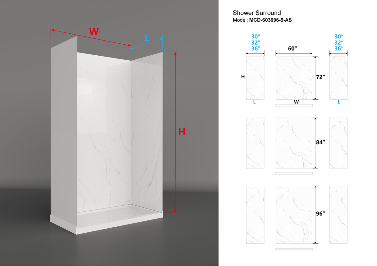 MCOCOD® Three Piece Glue Up Marble Shower Wall Panels Surround in White Acrylic Solid Surface