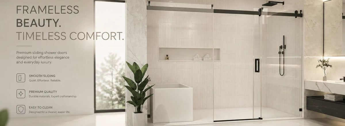 A frameless glass shower door and matching glass shower enclosure installed in a modern bathroom with white walls, a dark floating vanity, and a potted plant. Text on the left reads 'FRAMELESS BEAUTY.