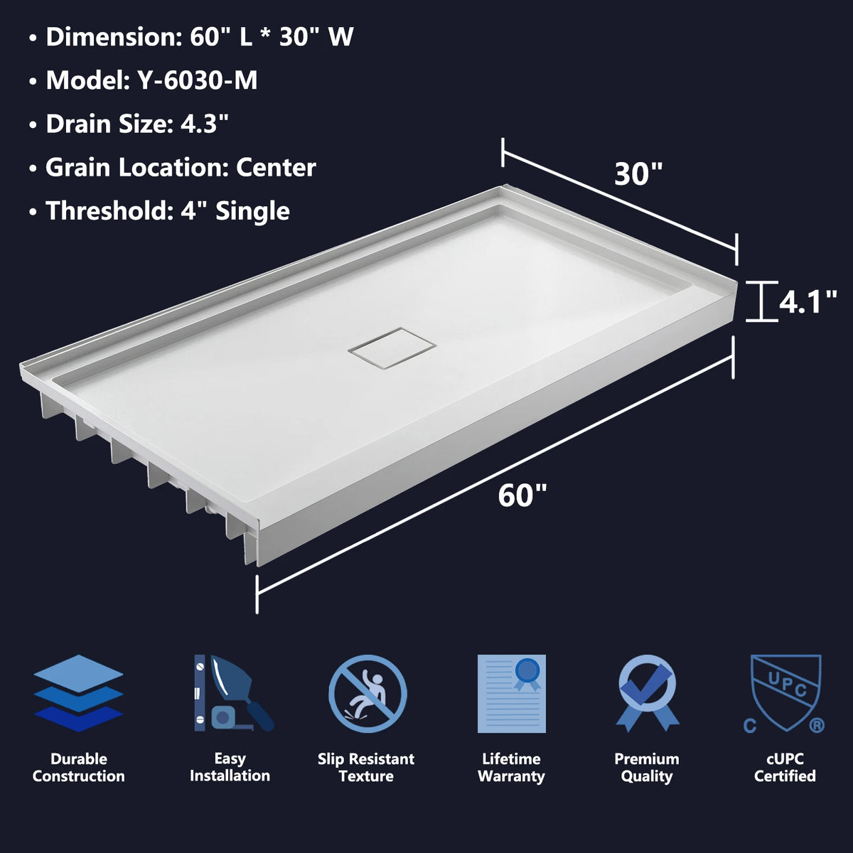 MCOCOD® Middle Drain with Edges Shower Base in SMC