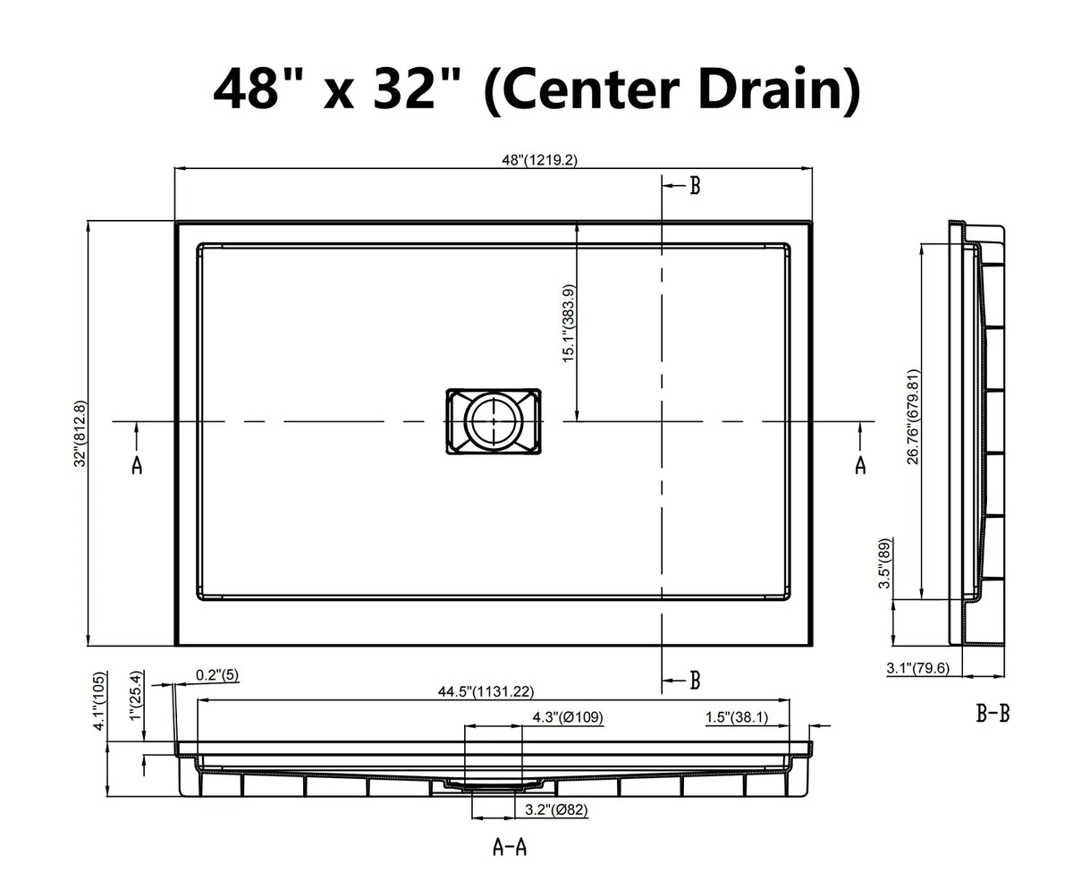 MCOCOD® Middle Drain with Edges Shower Base in SMC