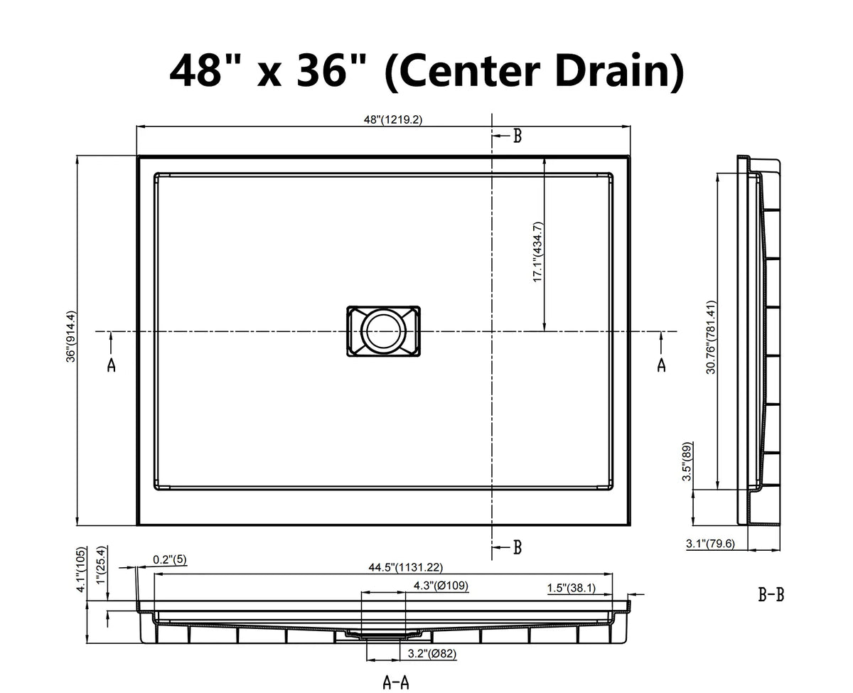MCOCOD® Middle Drain with Edges Shower Base in SMC