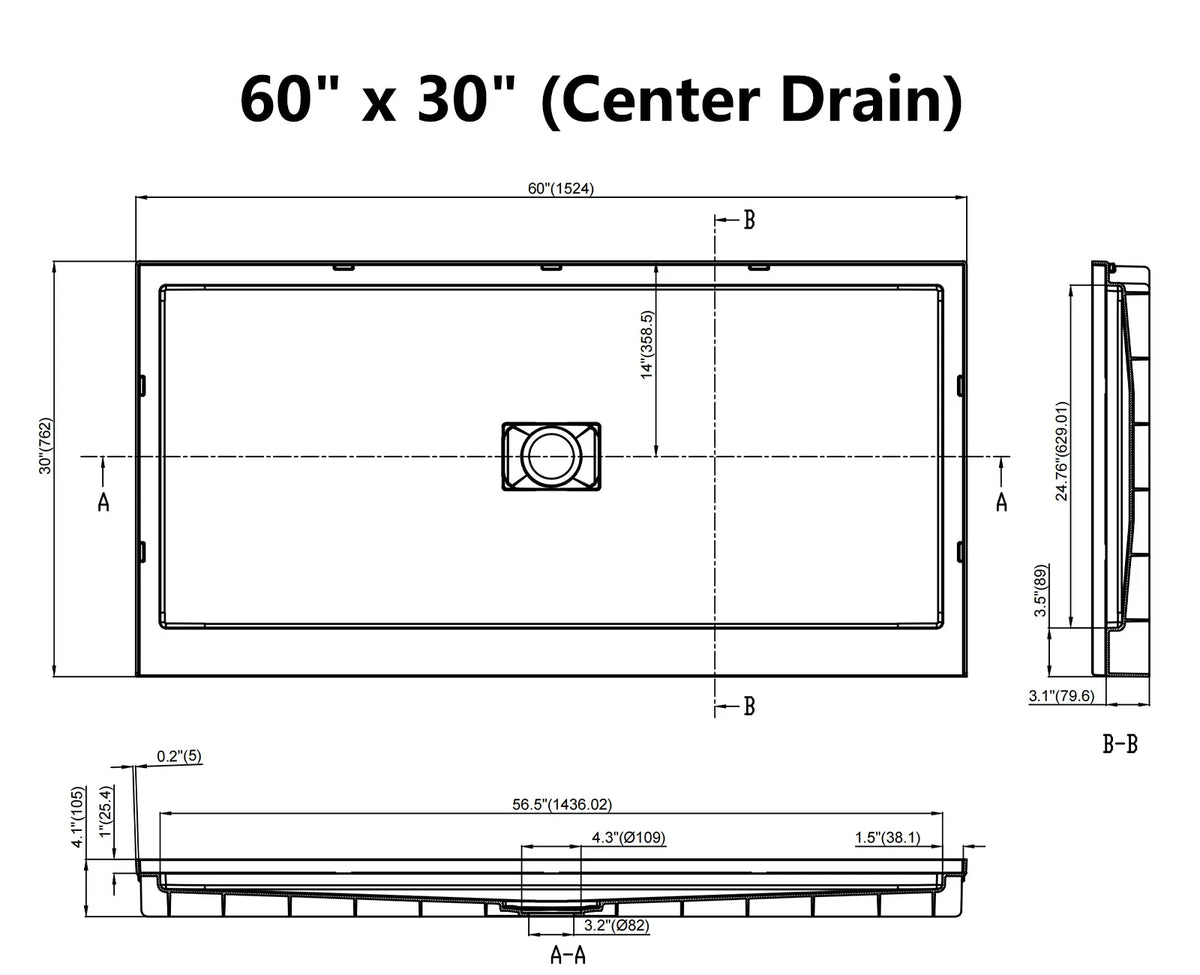 MCOCOD® Middle Drain with Edges Shower Base in SMC