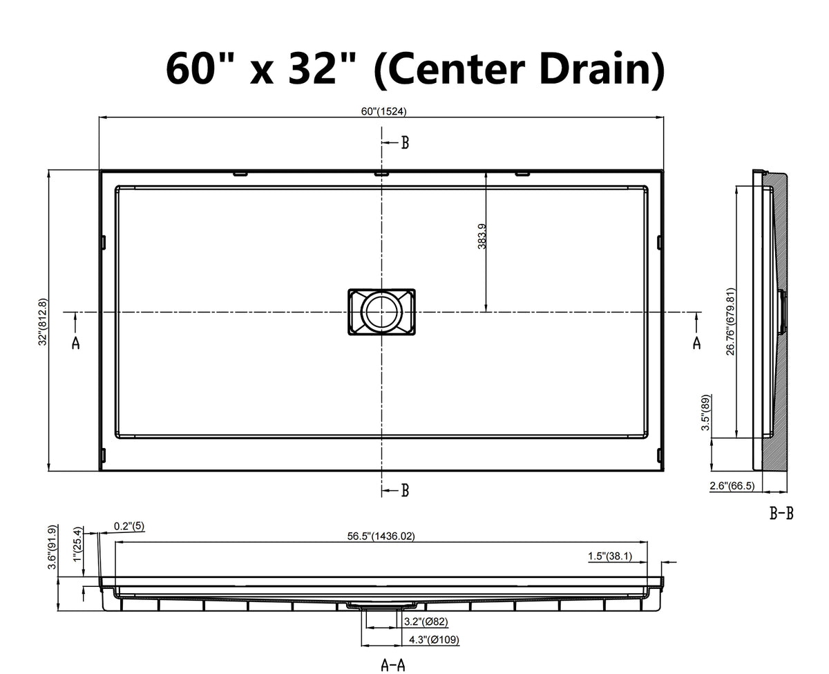 MCOCOD® Middle Drain with Edges Shower Base in SMC